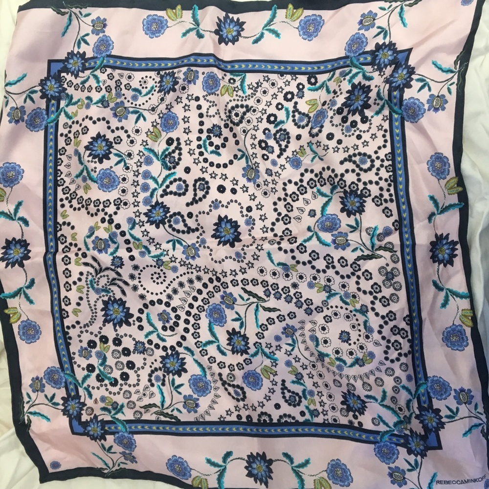 Rebecca Minkoff Pink Floral Silk Scarf with Blue Accents